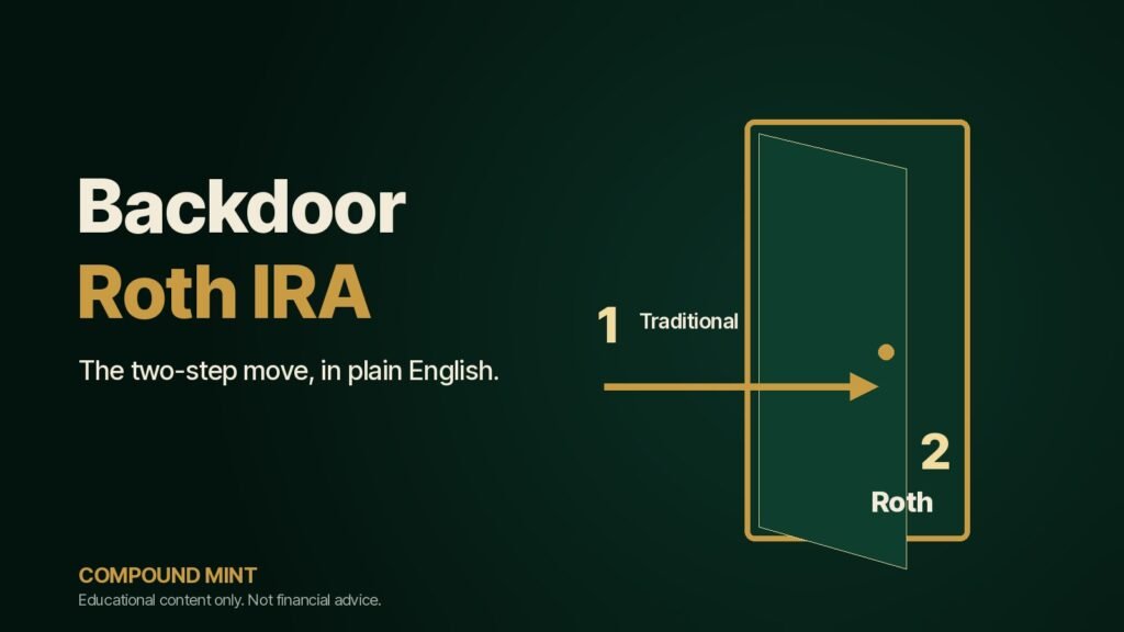 Backdoor Roth IRA: a gold door with an arrow from Traditional IRA to Roth