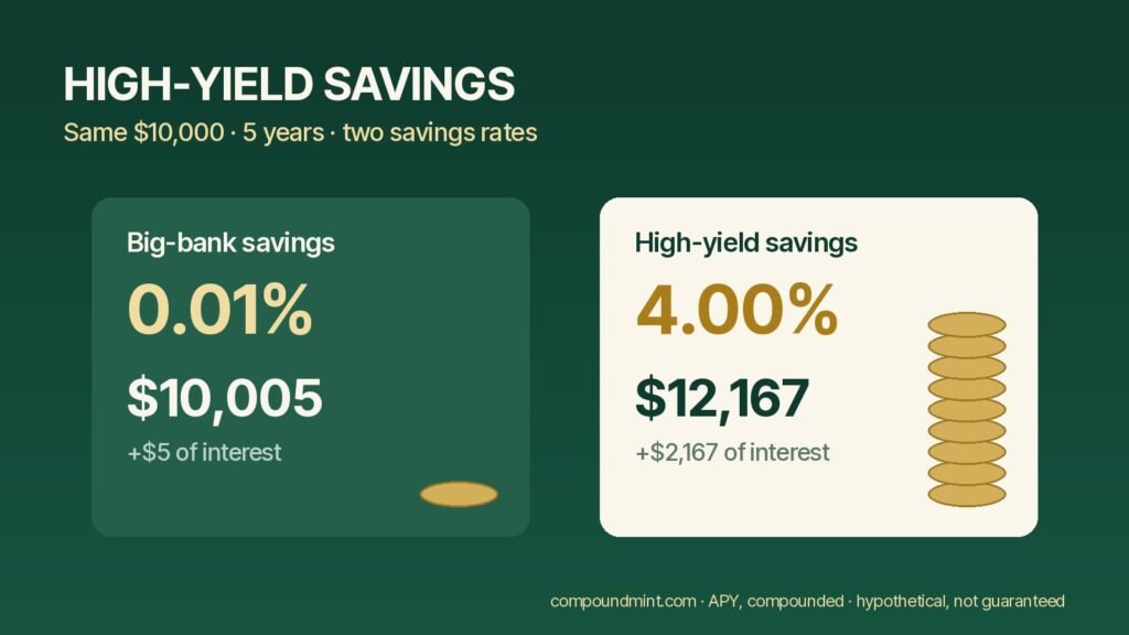 How high yield savings accounts work: $10,000 for 5 years grows to $10,005 at 0.01% or $12,167 at 4.00% APY