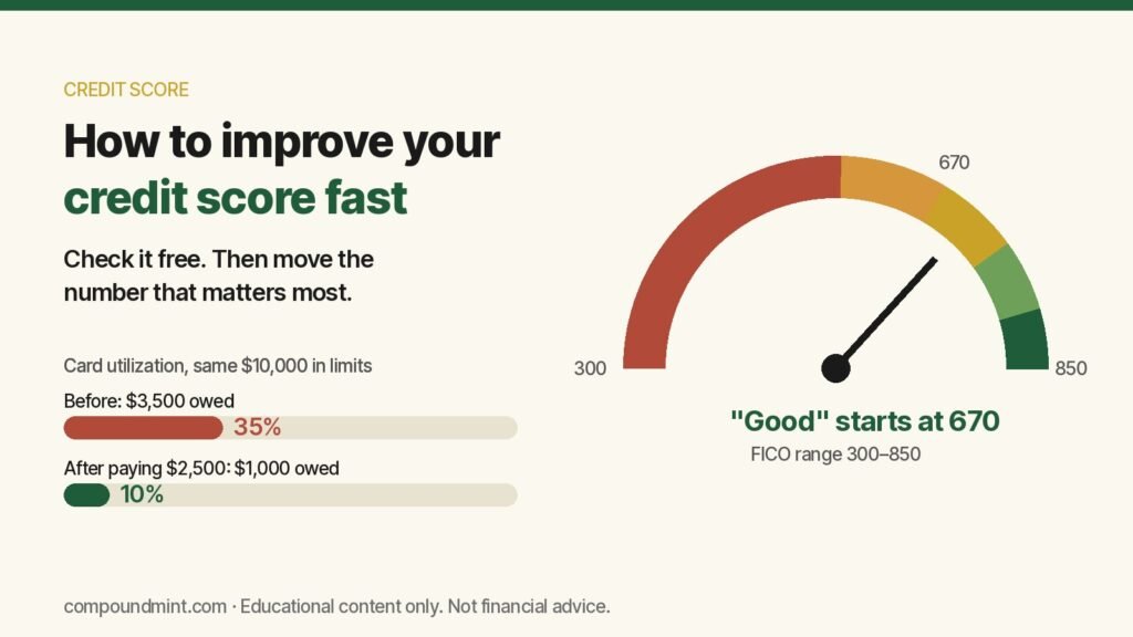 How to improve your credit score fast: utilization from 35% to 10%, FICO range 300 to 850 with good starting at 670
