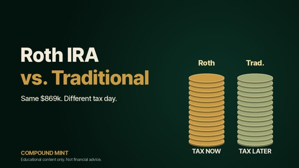 Roth IRA vs Traditional IRA: two gold coin stacks labeled tax now and tax later
